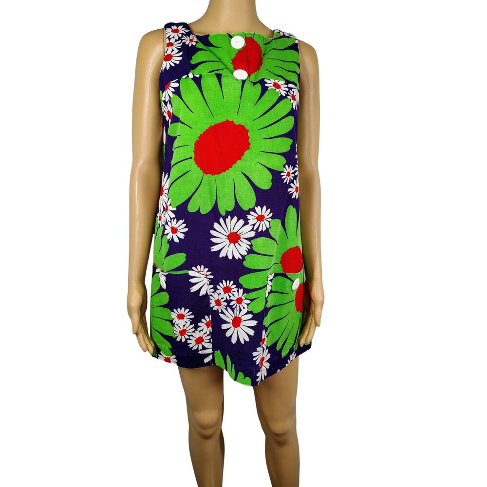 1960s Mod Mini Bold Floral Paisley Pattern Brown Red Blue Shift Dress Size XS
